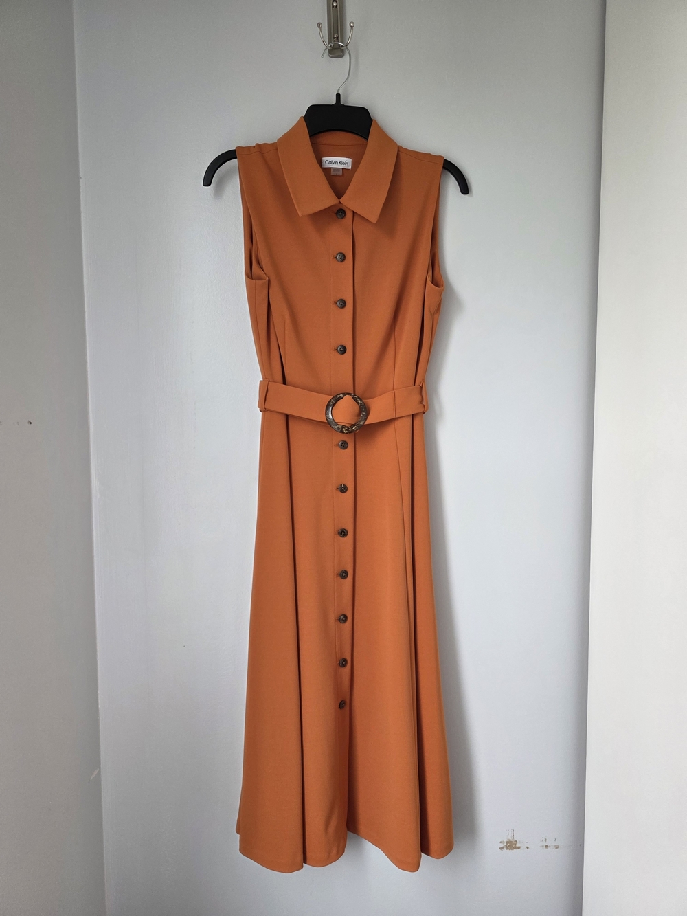 Calvin Klein Sleeveless Orange Button-Front Belted Midi Dress